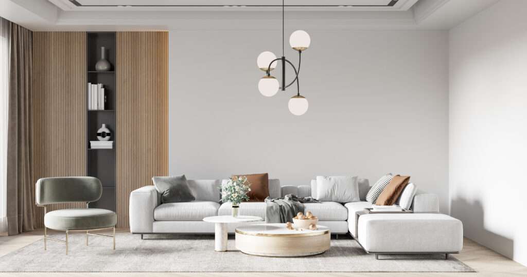 Salon moderne décoré en gris et blanc